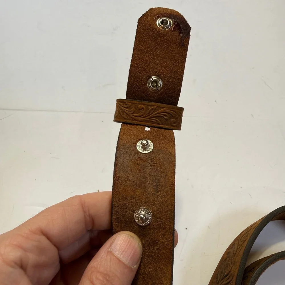 Justin Brown Tooled Leather Western Belt Strap Floral Made in USA C30219 Size 26